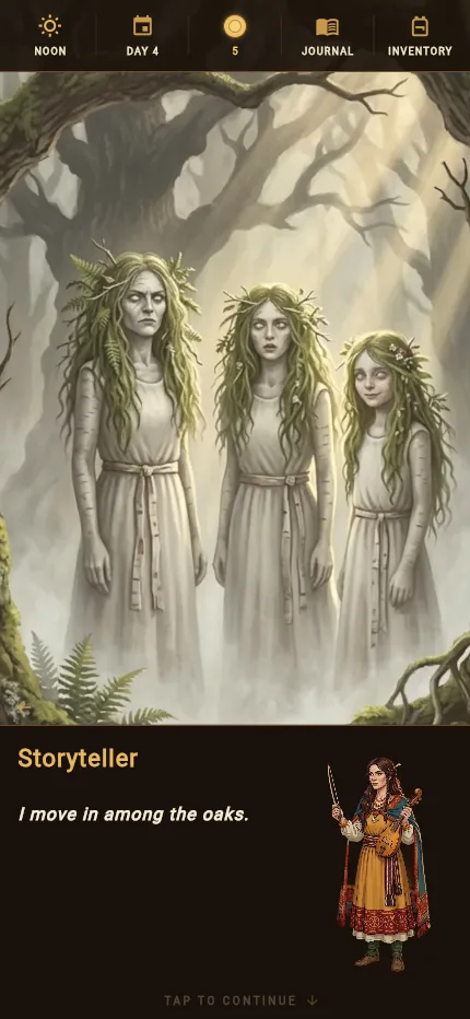 Three Mamunas in a misty grove barring the way to the Sacred Grove