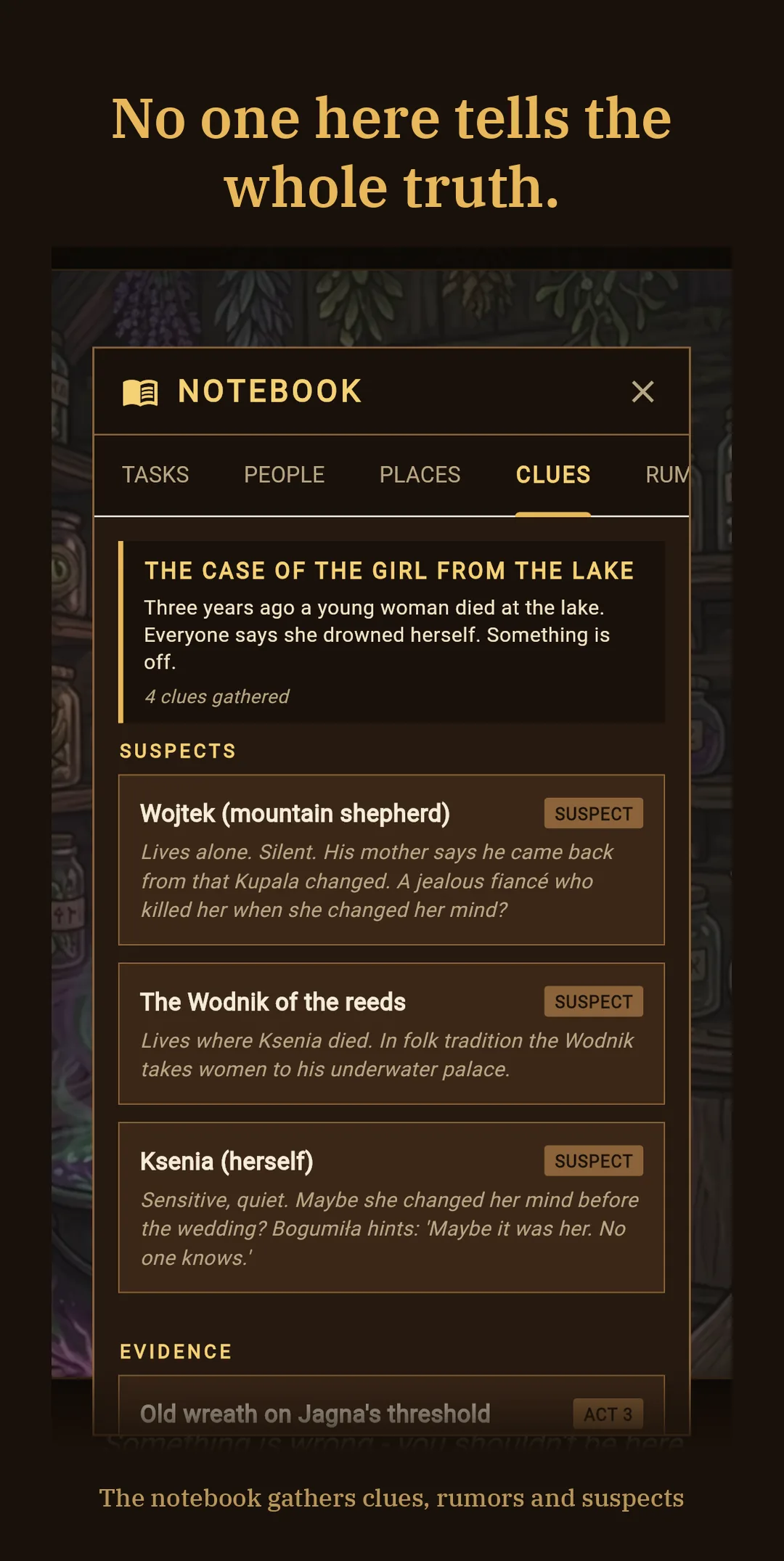 Detective's notebook: the case of the girl from the lake, suspects and evidence