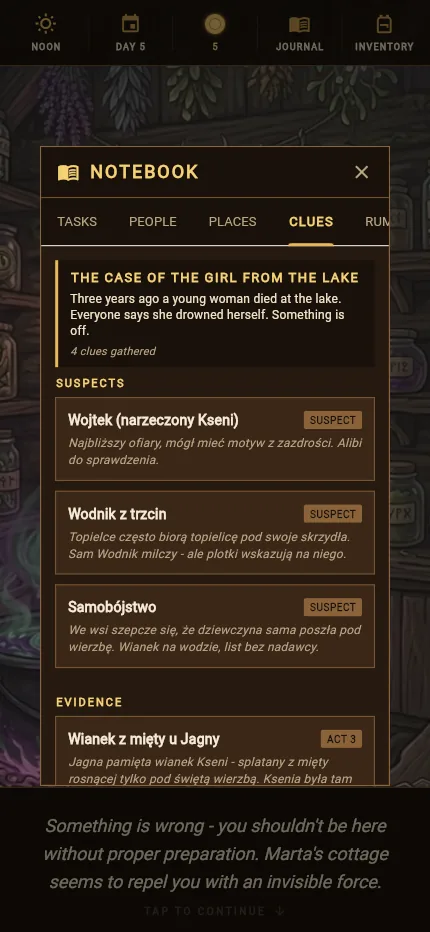Detective's notebook: the case of the girl from the lake, suspects and evidence