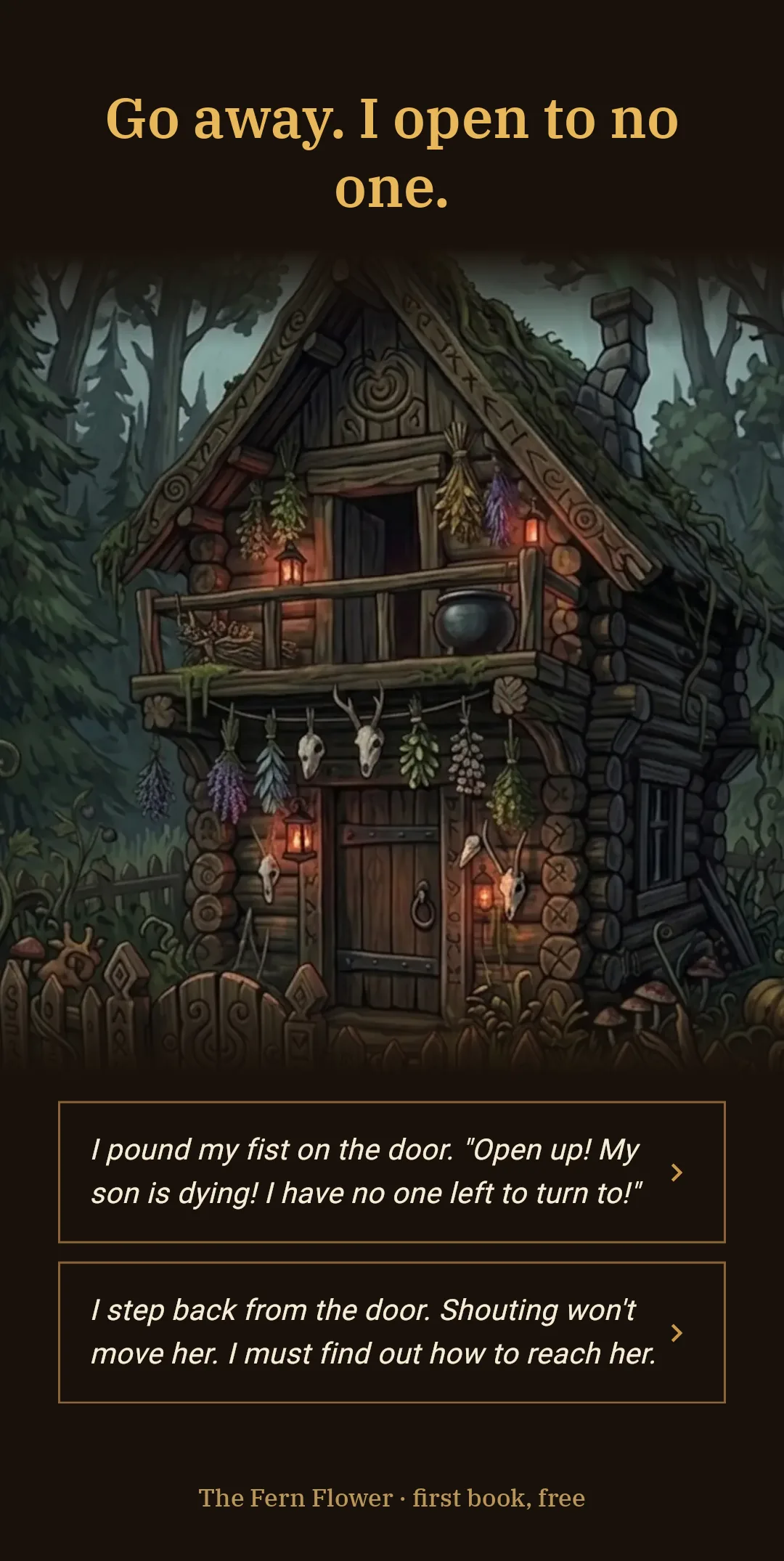 Marta's cottage at night with light in the windows, two choices at the door: pound your fist or step back
