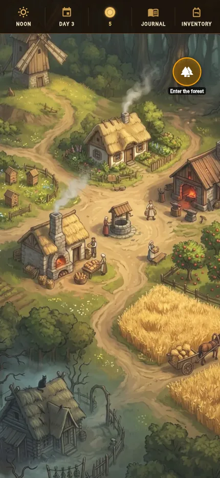 Village map: bakery, forge, orchard, mill and the path into the forest