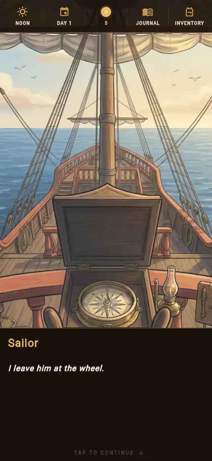 A sailing ship's helm at open sea, compass in its box, sails overhead