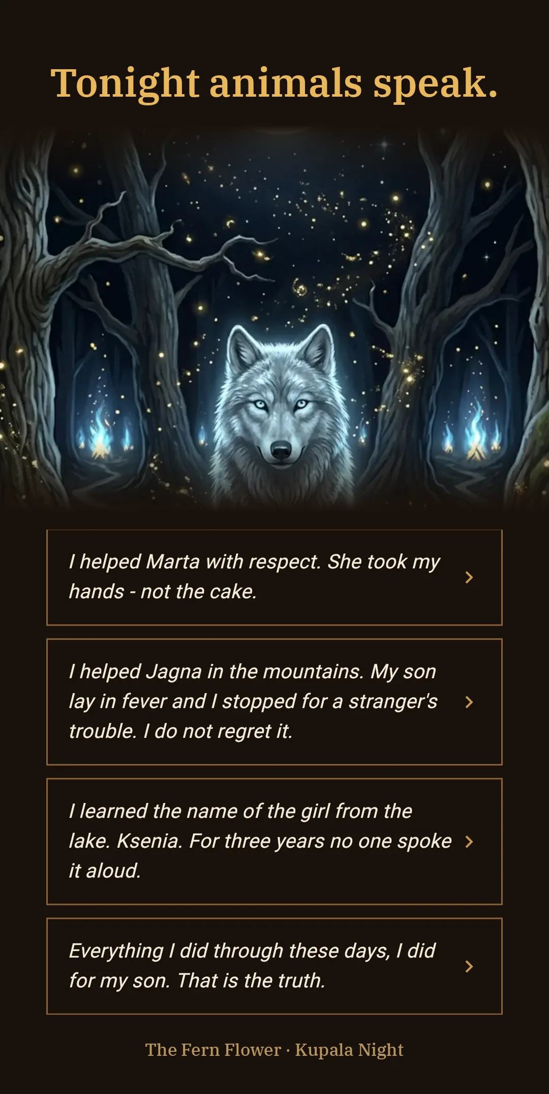 A white Wolf among the oaks on Kupala Night, four confessions to choose from