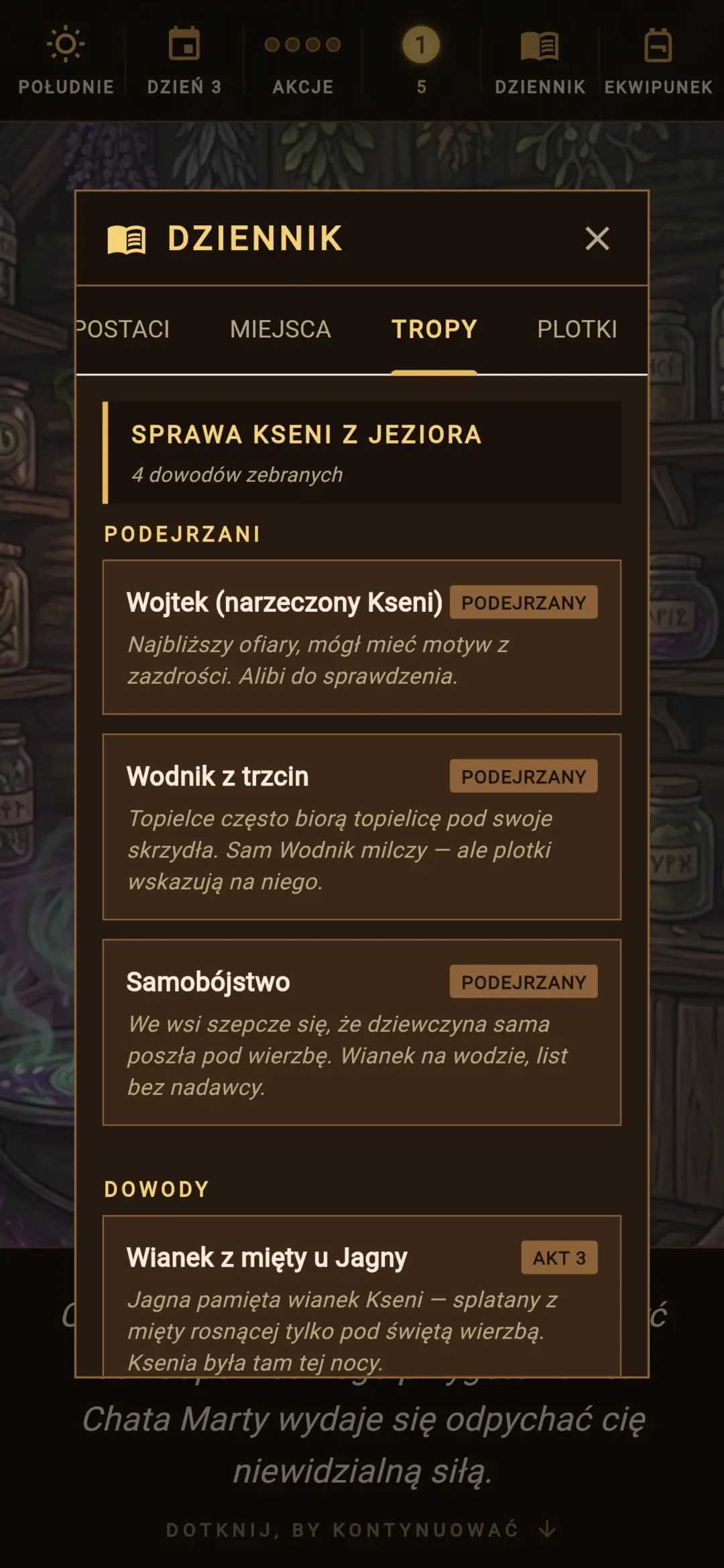 Player's notebook — Ksenia's case: 4 leads, 3 suspects (Polish UI)