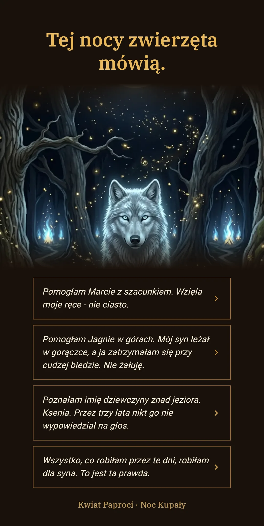 Biały Wilk między dębami w Noc Kupały, cztery wyznania do wyboru