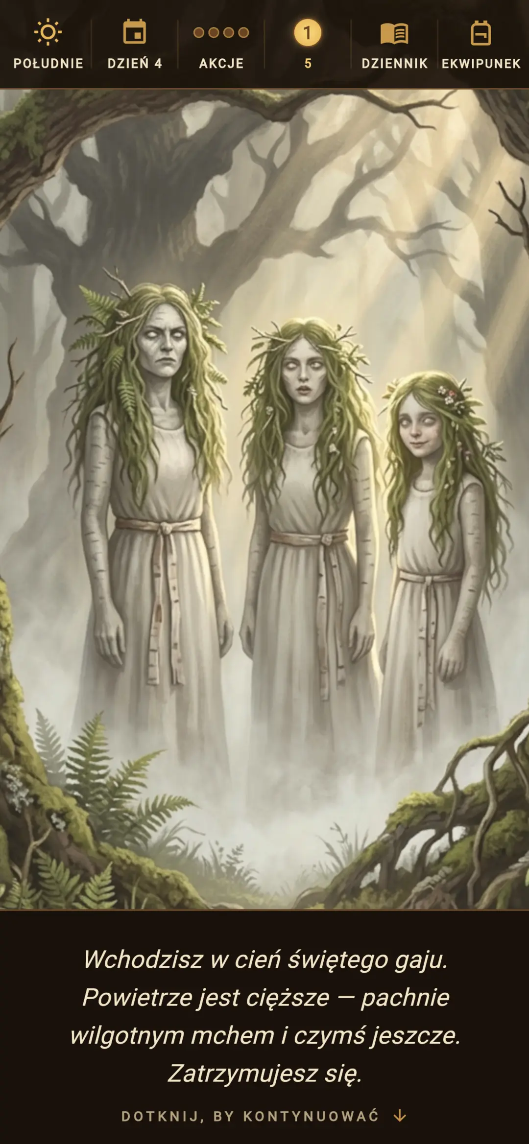 Three Mamunas guarding the entrance to the Sacred Grove in the mist (Polish UI)