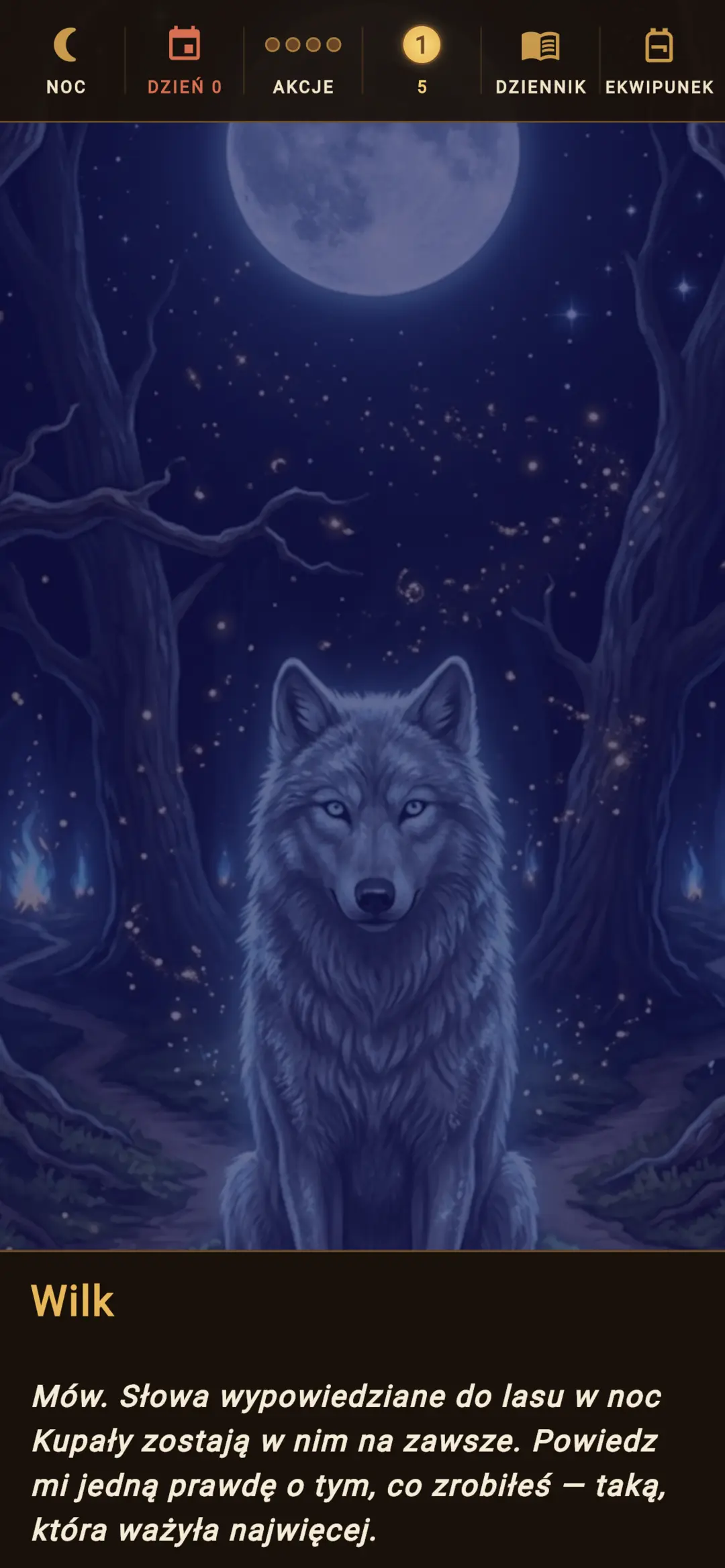 Wolf under a full moon at the edge of the forest on Kupala Night (Polish UI)
